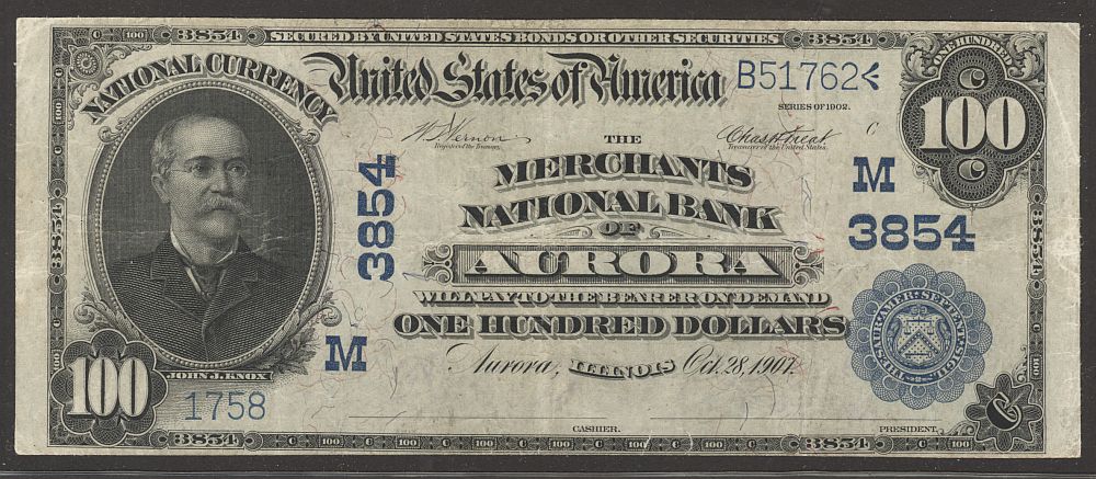 Aurora, IL, Ch.3854, Fr.691, 1902DB $100 Merchants NB, VF, SN:1758